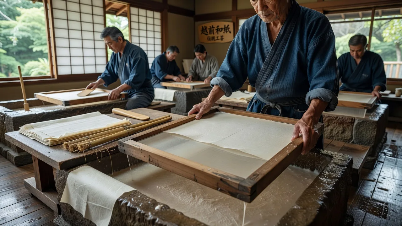 越前和紙を漉く職人の手作業