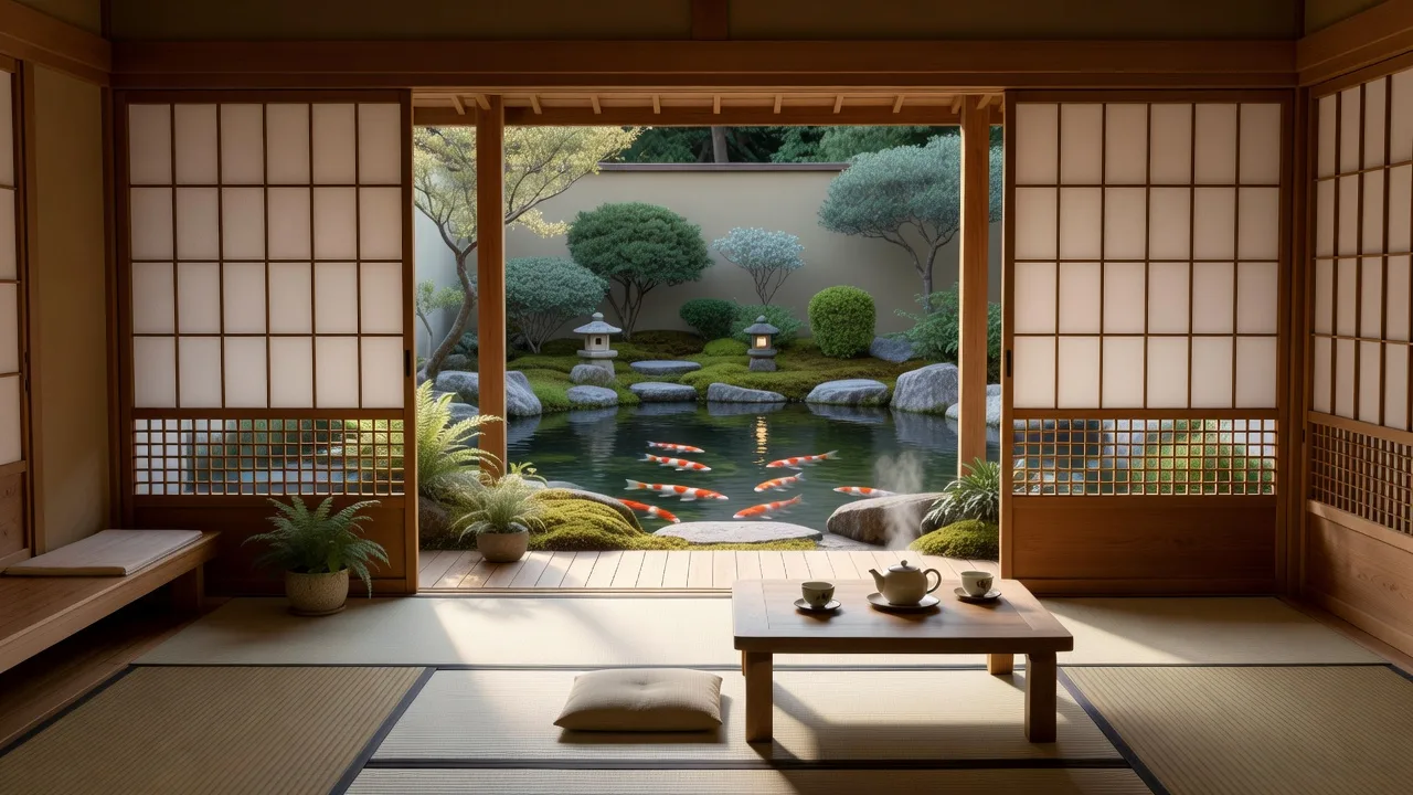 日本庭園を望む伝統的な旅館